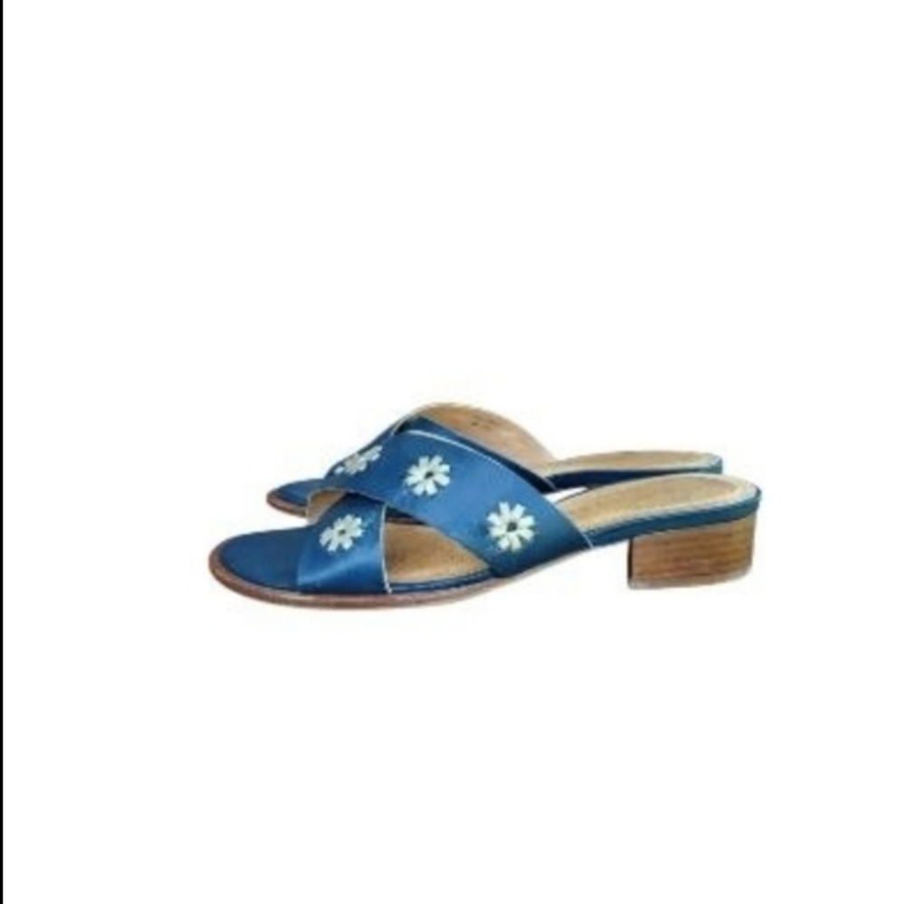 Jack Rogers Navy Blue Tan Leather Daisy Flower Slip On Slide Sandal Women Shoe 8 - Picture 10 of 10